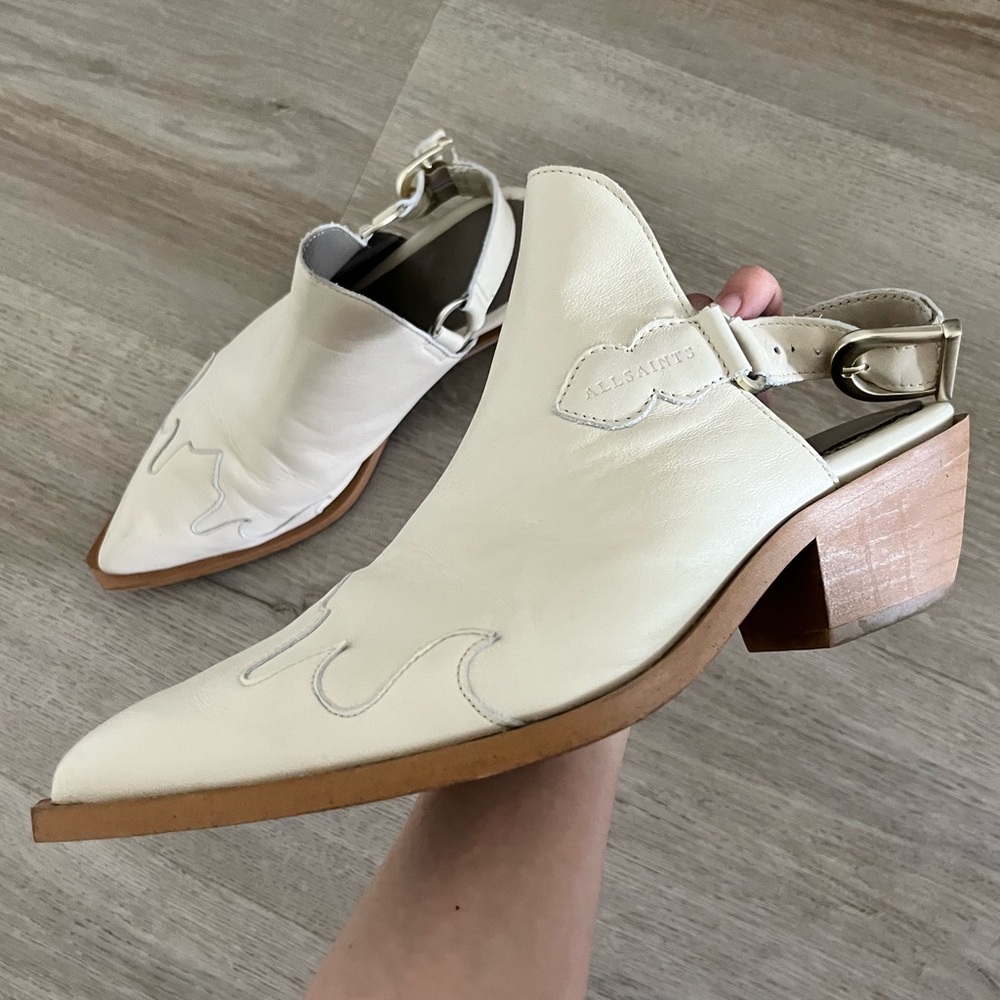 All Saints Cream Leather Slingback Mules - Picture 5 of 9